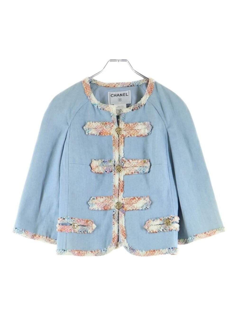 Chanel Coco Buttons Tweed Collarless Three Quarter Sleeve Denim Jacket Blue